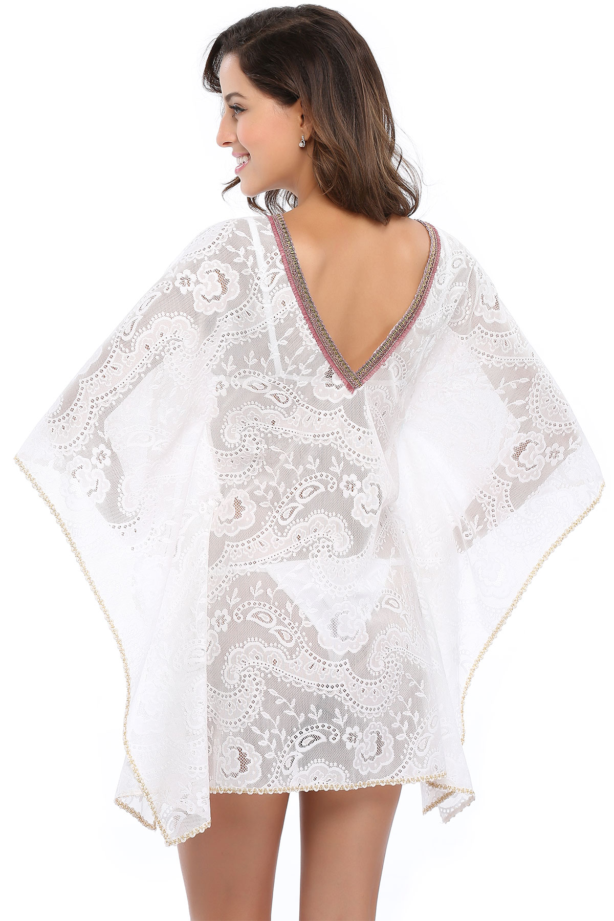 F4643 High Quality White Deep V Lace Beach Cover Dress